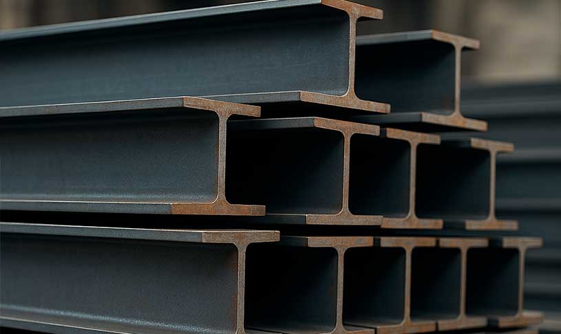 Vigas de acero apiladas en barraca de construcción en la Quinta Región, Chile